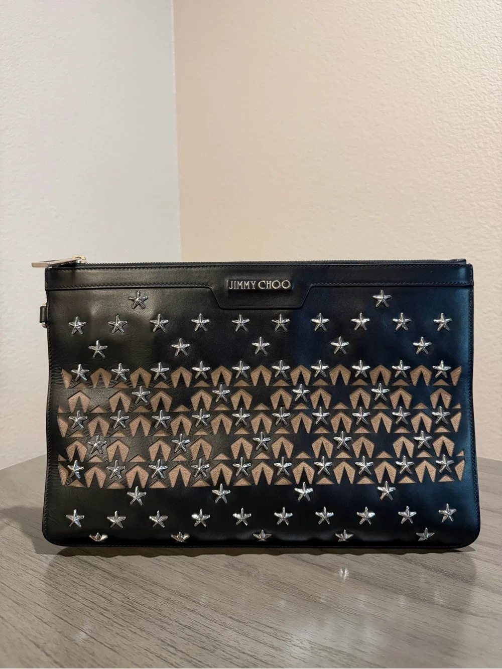 Jimmy Choo Black Leather Star-Embellished Clutch with Tan Inset